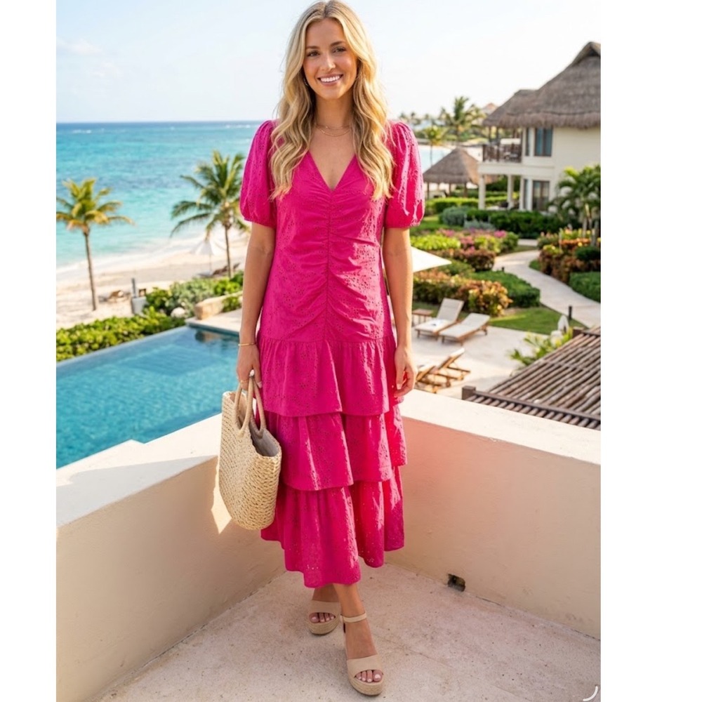 Kensie Hot Pink Eyelet Midi Dress V-Neck Tiered Ruffle KDUC3955 NWT Size 8